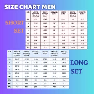 Puede incluir: Tabla de tallas de ropa de hombre, con medidas en pulgadas para conjuntos cortos y largos. Incluye tallas XS a 5XL, detallando largo, ancho de pecho, manga, caderas, largo de pantal&oacute;n y cintura.