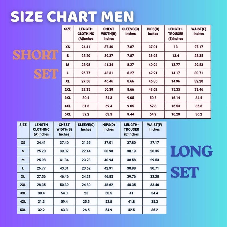 Puede incluir: Tabla de tallas de ropa de hombre, con medidas en pulgadas para conjuntos cortos y largos. Incluye tallas XS a 5XL, detallando largo, ancho de pecho, manga, caderas, largo de pantal&oacute;n y cintura.