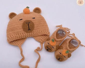 Crochet Capybara Baby Set Hat Booties with Orange, Newborn Photo Prop, Handmade Animal Baby Shower Gift, Personalized Capy Outfit 2026