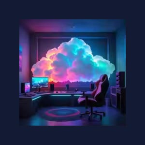 May include: A digital art rendering of a gaming room with a large cloud-shaped light fixture. The room features a desk with dual monitors, a gaming chair, and neon lighting in shades of pink, blue, and purple.