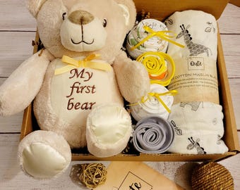 Baby Gift Box with toy, bodysuit Cupcakes, bibs, and Swaddle Blanket