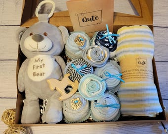 Large Baby Boy Cupcake Gift Box with toy and swaddle blanket