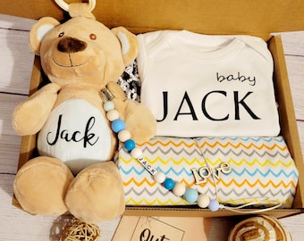 Custom Baby Boy Gift Box with toy , custom pacifier clip and burp cloth