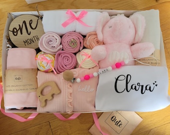 Delux Baby Girl Gift Box: Bodysuits, Swaddle, Plush Toy, Romper, Pacifier Clip, custom bodysuit