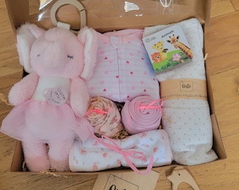 Large Baby Girl Cupcake Bodysuit Gift Box with plush toy, romper and swaddle blanket
