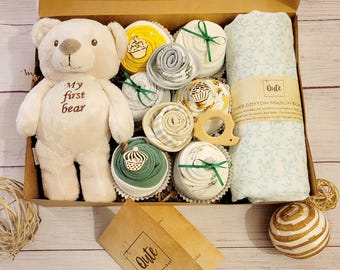 Large Baby Gift Box, Cupcake Bodysuits, Plush toy, Swaddle Blanket, Baby Shower Present