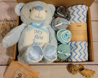 Baby Boy Cupcake Gift Box with toy and swaddle blanket