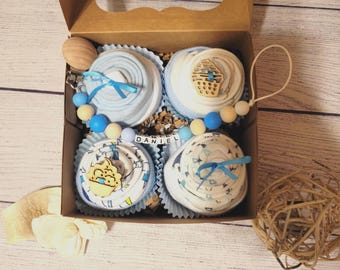 Baby Boy Cupcake Bodysuit and Pacifier Clip Set, Personalized Name Binky Clip