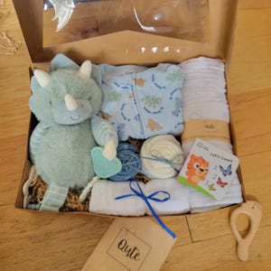 Large Baby Boy Cupcake Gift Box with toy,  romper and swaddle blanket