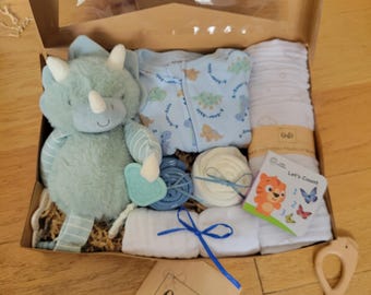 Large Baby Boy Cupcake Gift Box with toy,  romper and swaddle blanket