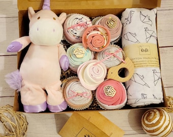 Large Baby Girl Cupcake Bodysuit Gift Box with plush toy and swaddle blanket