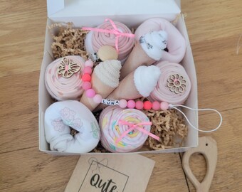 Baby Gift Box: Cupcakes, Donuts, Ice Cream Washcloths, Personalized Binky Clip
