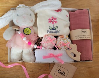 Baby Girl Gift Box: Bodysuits, Swaddle, Plush Toy, Romper, Pacifier Clip