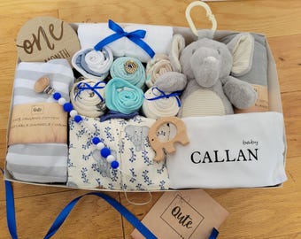 Delux Custom Large Baby Boy Cupcake Gift Box with toy and swaddle blanket, custom pacifier clip and bodysuit