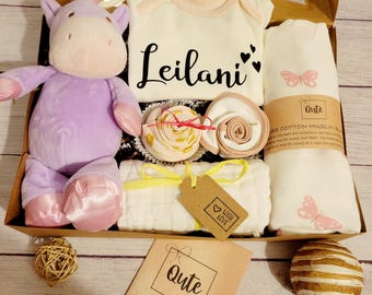 Custom Large Baby Girl Cupcake Bodysuit Gift Box with plush toy and swaddle blanket