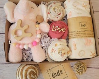 Baby Girl Gift Box: Bodysuits, Plush Toy, Swaddle Blanket, Custom Binky Clip