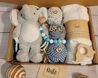 Baby Boy Cupcake Gift Box with toy , custom pacifier clip and swaddle blanket