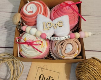 Baby Girl Cupcake Gift Box, Bodysuits, Socks, Bib, Binky Clip