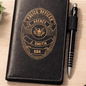 May include: Black leatherette notebook with a gold-colored police badge design. The badge reads "POLICE OFFICER AGENCY" and includes the name "J. SMITH" and the number "684". A black pen is attached to the notebook.