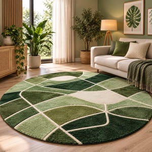 May include: A large circular area rug featuring a geometric pattern of intersecting lines and curved shapes. The design incorporates various shades of green, ranging from deep forest to light sage, contrasted with off-white lines throughout.