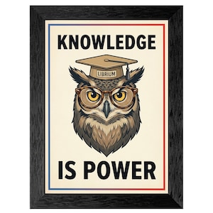 May include: Framed art print featuring an owl wearing glasses and a graduation cap. The text "KNOWLEDGE IS POWER" is displayed in bold, black letters. The owl illustration is in shades of brown, beige, and yellow, with a cream-colored background.