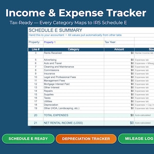 May include: A digital income and expense tracker spreadsheet with a blue background. The spreadsheet includes categories like rents received, advertising, and utilities. Text includes "Schedule E Summary" and "Tax-Ready". Buttons at the bottom say "Schedule E Ready" and "Depreciation Tracker".