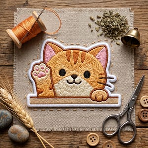Cute Orange Tabby Cat Embroidered Iron On Patch Waving Kitten Badge For Jacket Backpack