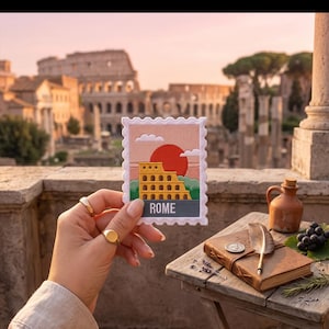 Può includere: Una toppa ricamata rettangolare con bordo smerlato raffigurante un Colosseo giallo, un grande sole rosso e colline verdi su un cielo rosa. La parola ROME è stampata in lettere maiuscole bianche su una fascia orizzontale grigio scuro in basso.