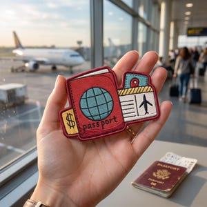 May include: An embroidered patch featuring a red passport with a teal globe icon, the word passport in black script, a yellow dollar sign, and a white boarding pass with a black airplane icon and a small teal luggage tag detail.