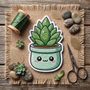 May include: An embroidered patch featuring a green succulent in a light green pot with a smiling face, surrounded by a wooden spool of green thread, metal scissors, small smooth stones, and dried leaves on a square piece of burlap fabric.