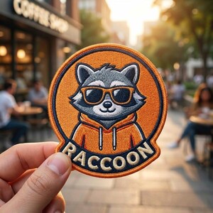 Puede incluir: Un parche bordado circular que muestra un mapache gris con gafas de sol de montura naranja y una sudadera con capucha naranja. El diseño está bordeado por un borde azul oscuro y naranja, con la palabra RACCOON bordada en letras color crema.
