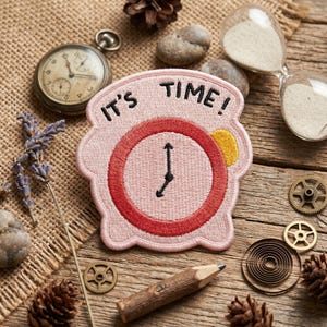 May include: A light pink embroidered patch shaped like an alarm clock with a red circular border, a yellow side button, and black clock hands. The text IT'S TIME! is embroidered in black thread at the top of the patch on a light pink background.