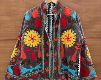 Velvet Suzani Jacket, Suzani Embroidered Velvet Winter Jacket Short Festival Coat, Embroidery Reversible Jacket Kimono Jacket Christmas Gift