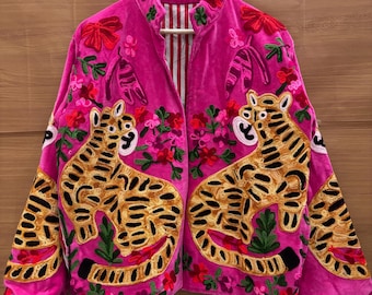 Velvet Hand Embroidered Suzani Jacket, Handmade Pink Velvet Suzani Jacket, Boho & Hippie Jacket, Uzbek Embroidery Jacket, Christmas Gifts
