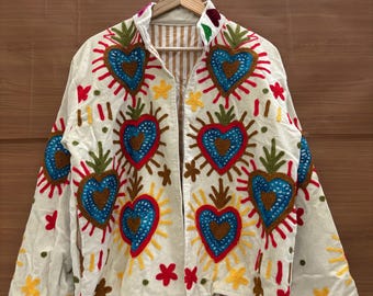 Velvet Suzani Embroidered Jacket, Hand Embroidered Jacket, Handmade Jacket, Reversible Jacket, Floral Design Boho Short Coat, Christmas Gift