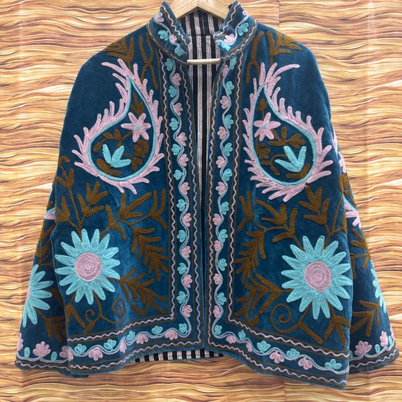 Handmade Floral Velvet Suzani Jacket, Hand Embroidered Sujani Jacket, Bohemian Winter Wear Jacket, Blue Velvet Suzani Jacket, Gifts For Wife