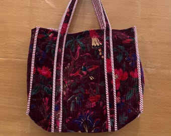 Roter Vogel Druck Baumwolle Samt gesteppte Einkaufstasche, handgemachte Samttasche, gesteppte Markttasche, Boho Samt-Einkaufstasche, Schulter-Einkaufstasche Geschenk für sie