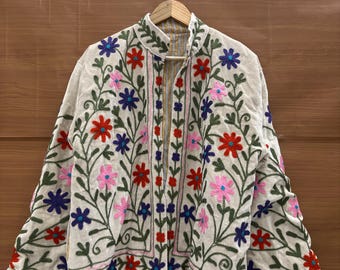 Hand Embroidered Velvet Suzani Jacket, Floral White Suzani Jacket, Handmade Short Jacket, Winter Kimono Jacket for Women, Christmas Gifts