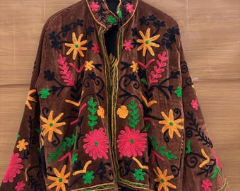 Velvet Brown Suzani Jacket, Hand Embroidered Velvet Suzani Jacket, Handmade Short Jacket, Uzbek Embroidery Jacket For Women, Christmas Gifts