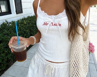 Personalized Embroidered Lace Tank Top, Custom Mrs. Spaghetti Strap Top, Bridal Shower Gift, Bachelorette Party, Bride Getting Ready Outfit