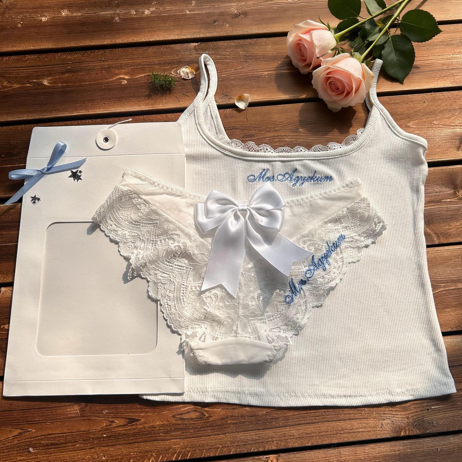 Personalized Bride Lingerie Set,Custom New Mrs Underwear, Lace Panty,Bridal Pajamas, Wedding Morning Gift Box, Honeymoon PJs outfit - M