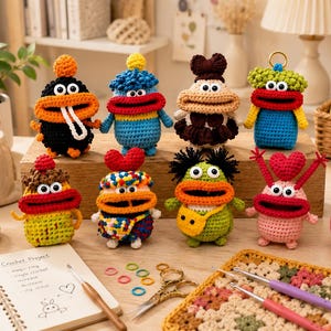 May include: Eight small, colorful, handmade crochet creatures with large white eyes and wide, prominent mouths. Each figure features distinct yarn colors, textures, and decorative elements like hearts, hats, or bags, arranged on a wooden block.