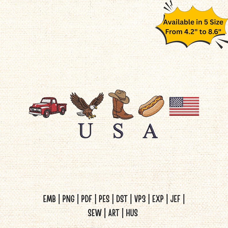 K&ouml;nnte beinhalten: Ein Stickmuster mit einem roten Pickup, einem Wei&szlig;kopfseeadler, einem braunen Cowboystiefel, einem Hotdog und einer amerikanischen Flagge, darunter die Buchstaben U S A. Text verf&uuml;gbar in 5 Gr&ouml;&szlig;en von 10,7 cm bis 21,8 cm und Formaten EMB, PNG, PDF, PES, DST, VP3, EXP, JEF, SEW, ART, HUS.