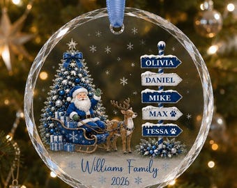 Adorno navideño familiar personalizado 2026, adorno con nombre personalizado, recuerdo de cristal de Papá Noel y reno, regalo navideño para mascotas y familias.