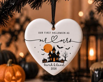 Personalized First Halloween Mr and Mrs Ceramic Ornament, Custom Newlywed Couple Keepsake, Haunted House Wedding Gift