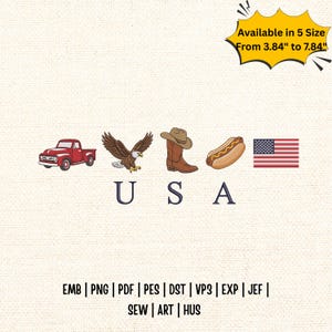 Può includere: Design ricamato con un camioncino rosso, un'aquila, uno stivale da cowboy, un hot dog e una bandiera americana. La parola "USA" è sotto le immagini. Testo: "Disponibile in 5 misure Da 9,75 cm a 19,91 cm" e tipi di file.