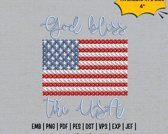 Gott segne Amerika Flagge Stickerei Design, Kreuzstich USA Flagge Stickdatei, Vaterländische Christliche Stickerei, Maschinenstickerei auf der linken Brust