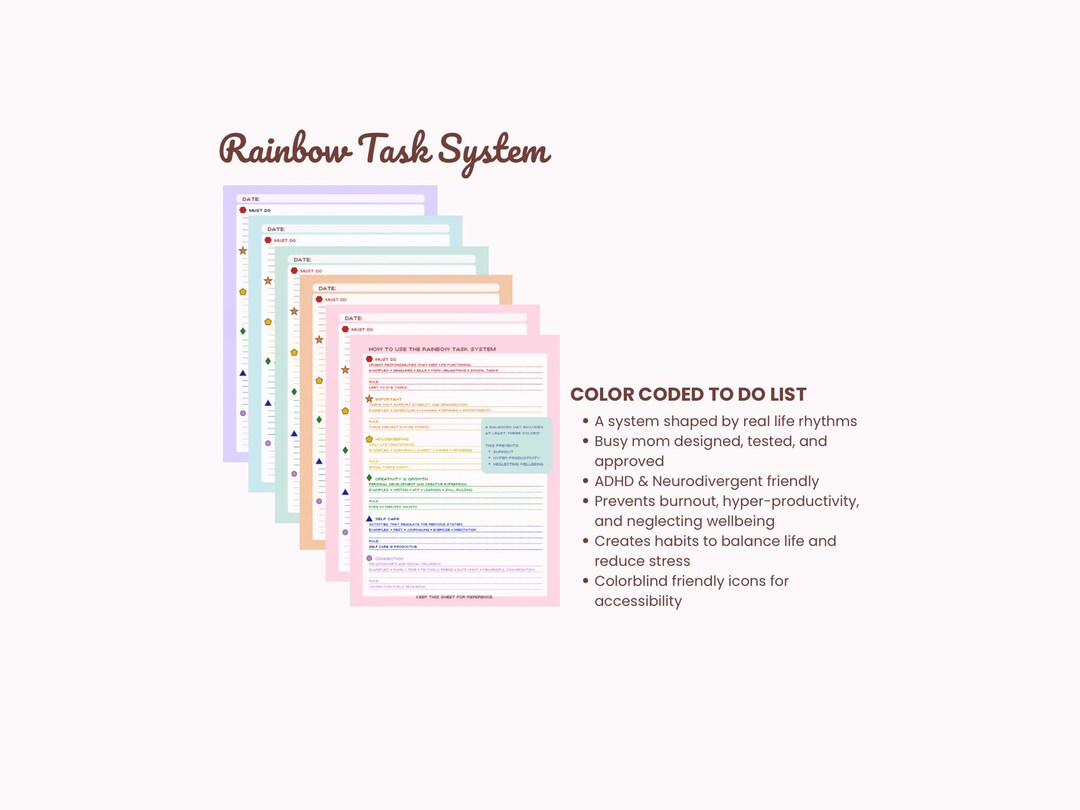 Rainbow Task System Planner | Color Coded Daily Balance to Do List (PDF ...