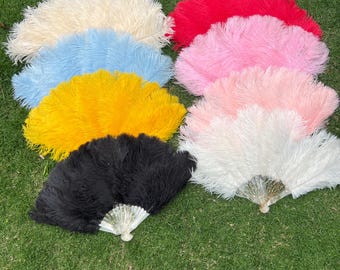 Ostrich Feather Fan for Burlesque Dance Vintage Costume Folding Hand Fan 35x55cm