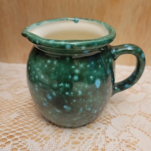Vintage Studio Pottery Creamer Green Speckled Glaze Handmade Ceramic Pitcher Signed RTC 76